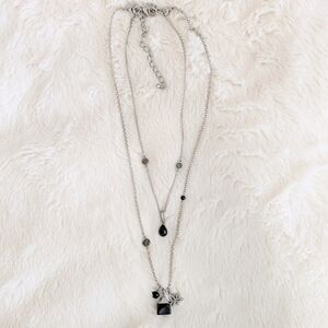 White House Black Market Genuine Onyx Silver Tone Convertible 2 Strand Necklace